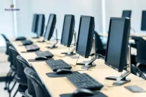 Modern IT infrastructure setup with desktop computers at Tele IT Solutions office