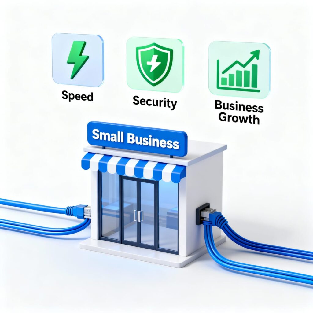 Affordable Business Internet benefits graphic showing a small business connected by cables, highlighting Speed, Security, and Business Growth.