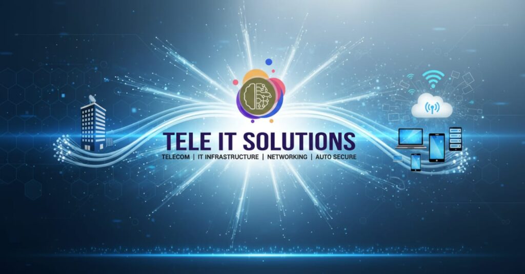 TELE IT SOLUTIONS logo and service graphic: Telecom, IT Infrastructure, Networking, and Auto Secure solutions for business connectivity.