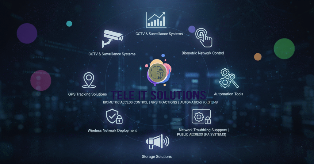 Tele IT Solutions - CCTV & Surveillance, Biometric Access Control, GPS Tracking, Wireless Network Deployment, Automation Tools, and Storage Solutions for Secure IT Infrastructure.