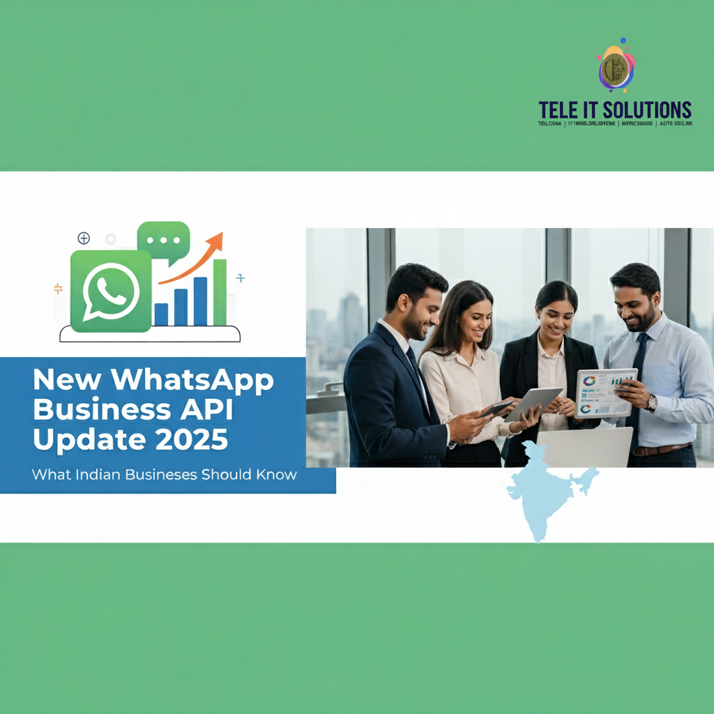 Visual of a group of four diverse business professionals—two women and two men—in modern office attire looking at a tablet in a bright office setting. They appear to be discussing data or strategy. To the left, there is a digital graphic featuring the WhatsApp icon with an upward-trending growth graph and a chat bubble, symbolizing business growth and communication. Below the graphic, text reads: "New WhatsApp Business API Update 2025" and "What Indian Businesses Should Know." A faint outline of the map of India is visible in the lower right corner. In the top right corner, the "Tele IT Solutions" logo is prominently displayed, featuring a colorful brain-like icon above the company name and its services (TELECOM | IT INFRASTRUCTURE | NETWORKING | AUTO SECURE) below. The image conveys the theme of business leaders utilizing the new WhatsApp Business API for growth in India, with an emphasis on "Tele IT Solutions" as a provider.