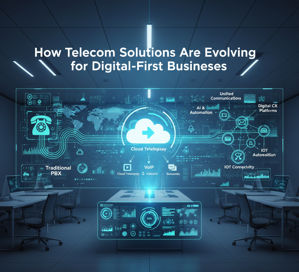 Futuristic infographic showing the evolution from traditional PBX to cloud telecom, VoIP, unified communications, AI, automation, and digital CX for modern businesses.