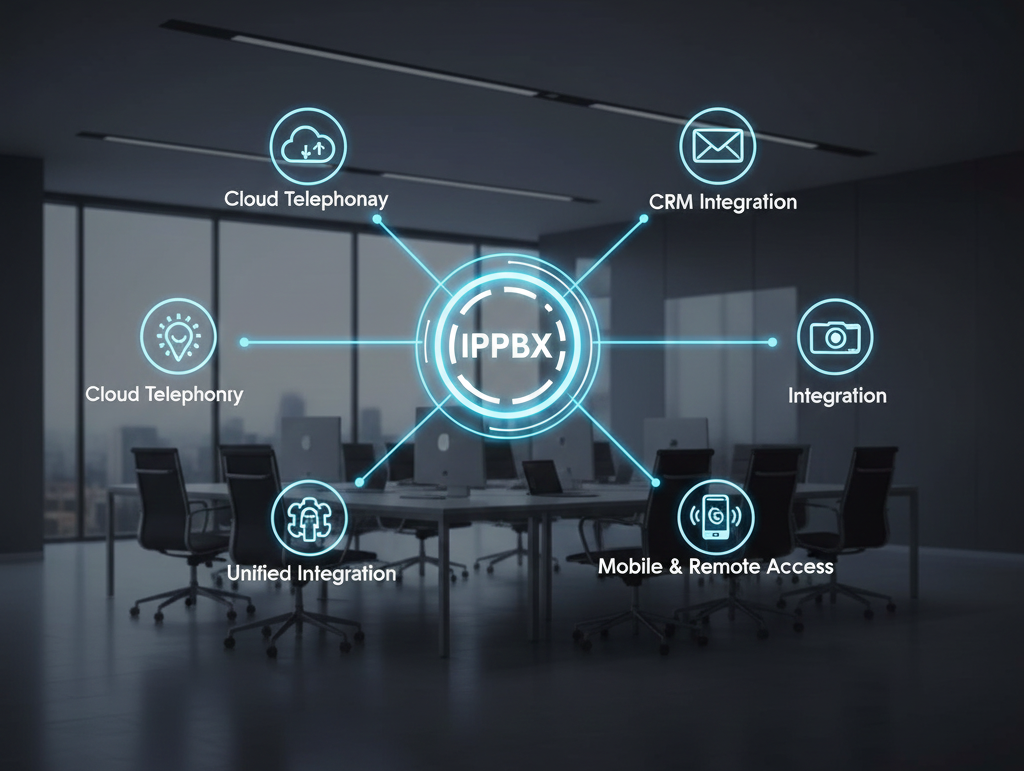 Central futuristic display highlighting IPPBX as the core platform connecting SIP Trunk, WhatsApp API, Bulk SMS, and cloud telecom solutions in a modern office.