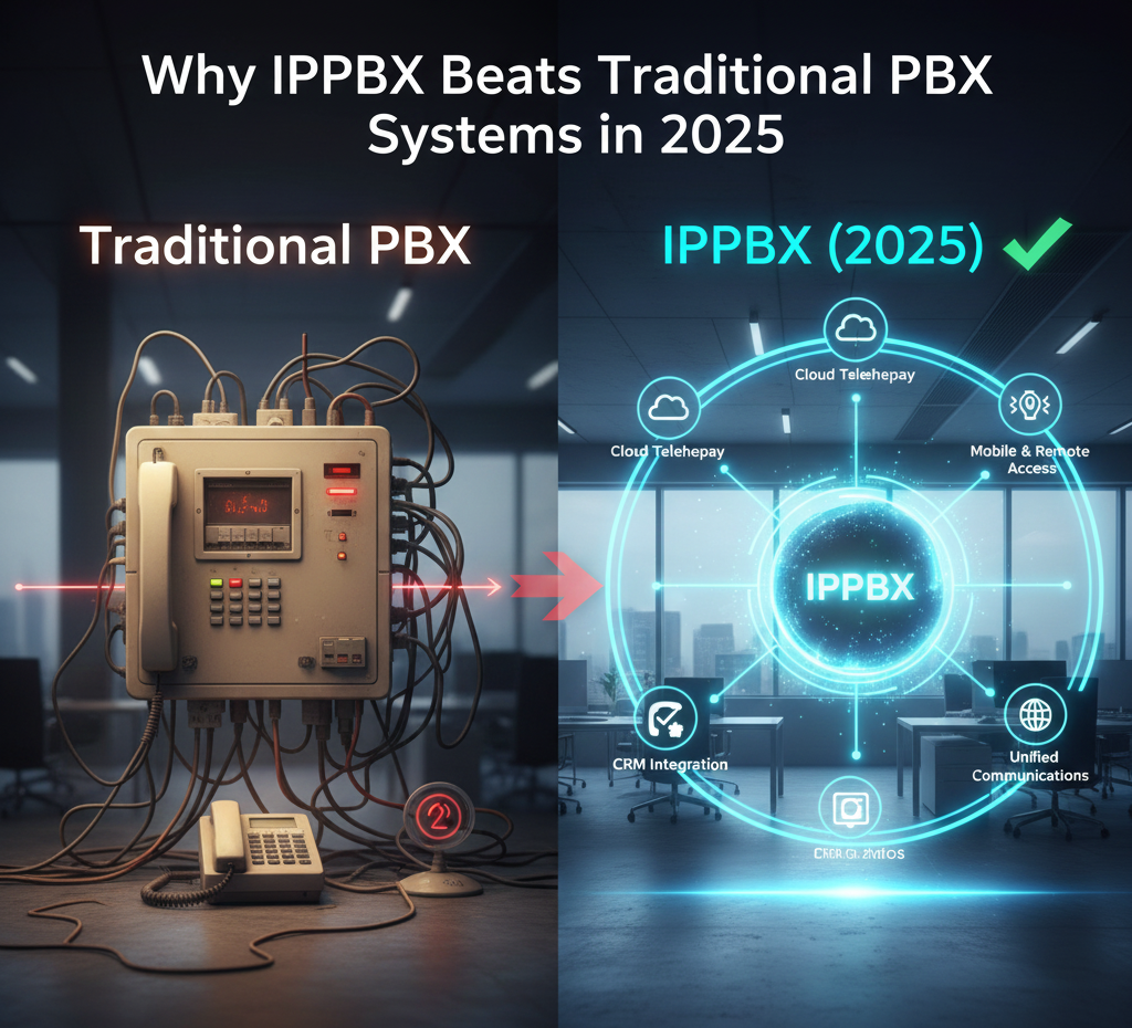 Contrast visual: Futuristic IPPBX and cloud-integrated systems (WhatsApp API, SIP Trunk) against a faded, outdated graphic representing legacy Traditional PBX infrastructure.