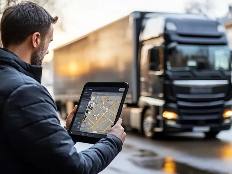 Transport manager monitoring fleet movement through a cloud-based GPS tracking platform.