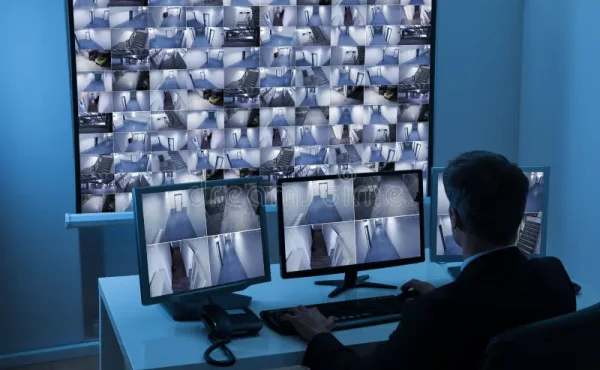Security manager monitoring multiple CCTV feeds on a large surveillance screen.