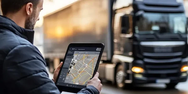 Transport manager monitoring fleet movement through a cloud-based GPS tracking platform.