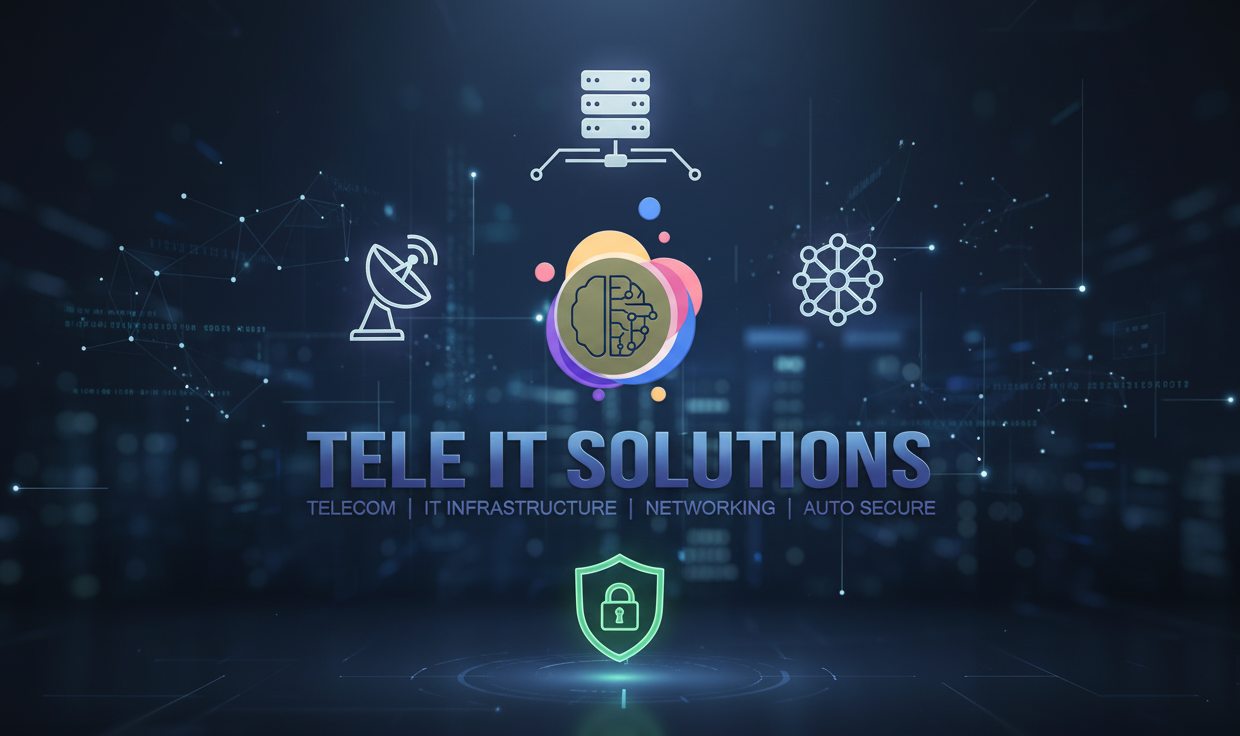 Tele IT Solutions - Telecom, IT Infrastructure, Networking, and Auto Secure Services with AI and Cybersecurity Icons on Digital Tech Background.